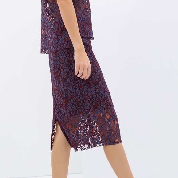 zara • red purple mauve two tone floral lace side zip midi work skirt • m - Picture 5 of 14